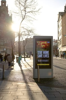 Sheffield, United Kingdom, 12th January, 2021: Close up of digital advertising board in fargate, sheffield city, during national COVID-19 lock down