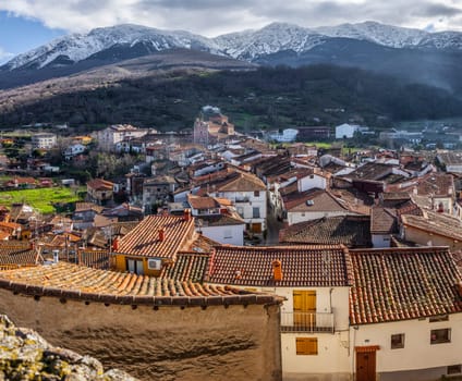 Viewpoint of Santa Maria Church, Ambroz Valley village. Caceres, Extremadura, Spain
