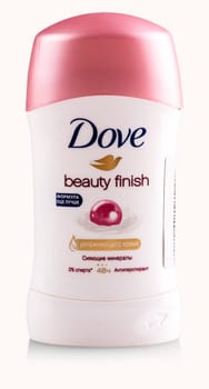 Chisinau, Moldova - APRIL 20, 2019 - November 13, 2018. Dry Antiperspirant Effect of Powder. Dove deodorant isolated on white background. The inscription on the label in Russian.