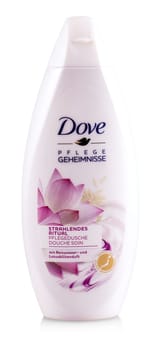 Chisinau, Moldova - APRIL 20, 2019: Product shoot of Dove Cream Shower Gel. Dove Beauty Cream Shower Gel with a special formula that helps protect the skin.