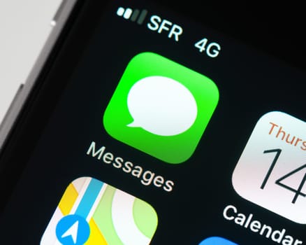 BAYONNE, FRANCE - CIRCA JANUARY 2021: Messages app icon on Apple iPhone screen.