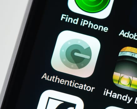 BAYONNE, FRANCE - CIRCA JANUARY 2021: Google Authenticator app icon on Apple iPhone screen. Google Authenticator generates 2-Step verification codes on the phone for stronger security.