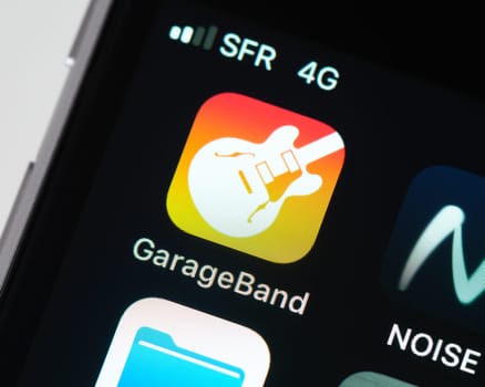 BAYONNE, FRANCE - CIRCA JANUARY 2021: GarageBand app icon on Apple iPhone screen. GarageBand is a digital audio workstation developed by Apple.