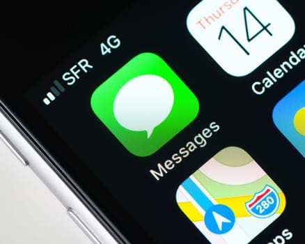 BAYONNE, FRANCE - CIRCA JANUARY 2021: Messages app icon on Apple iPhone screen.