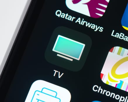 BAYONNE, FRANCE - CIRCA JANUARY 2021: Apple TV app icon on Apple iPhone screen.