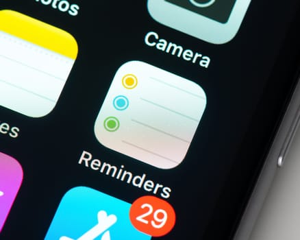BAYONNE, FRANCE - CIRCA JANUARY 2021: Reminders app icon on Apple iPhone screen.