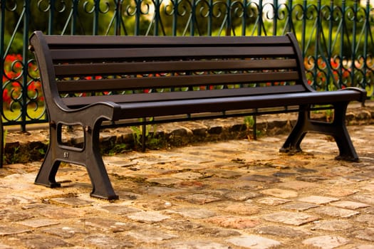 Close-up of an empty bench in a garden