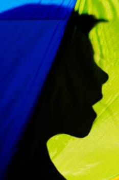 Close-up of a person's shadow on an umbrella