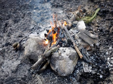 High angle view of a campfire