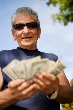 Close-up of a senior man counting American dollar bills and smiling