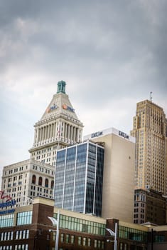 Cincinnati, Ohio, August 29, 2020: Cluster of highrise buildings in downtown Cincinnati, Ohio