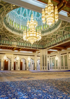 Muscat, Oman, December 3, 2016: Main prayer hall of the Sultan Qaboos Grand Mosque in Muscat, Oman