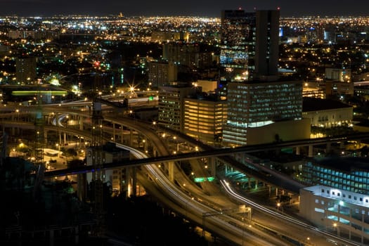 High angle view of a city lit up at night, Miami, Florida, USA
