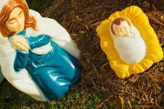 High angle view of nativity figurines