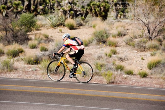 Side profile of a man riding a bicycle, Las Vegas, Nevada, USA