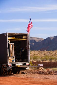 Motor home in front of a hill, Las Vegas, Nevada, USA
