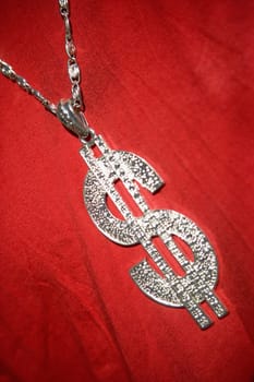 Mid section view of a man wearing a dollar sign necklace