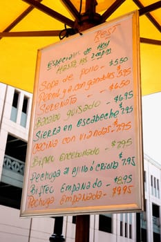 Outdoor cafe menu, Spanish