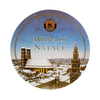 MILAN, ITALY - MARCH 15, 2015: Beermat of special German Christmas beer Paulaner isolated over white background