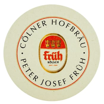 BERLIN, GERMANY - MARCH 15, 2015: Beermat of German beer Frueh isolated over white background