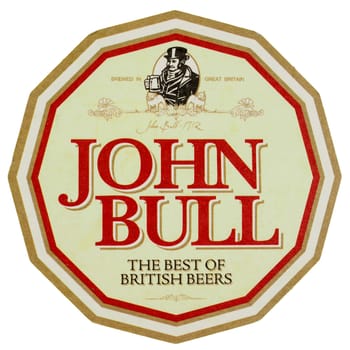 LONDON, UK - MARCH 15, 2015: Beermat of British beer Eagle BitterJohn Bull isolated over white background