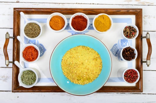 Indian spices assortments on a tray
