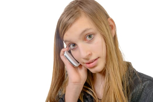 a teenager with a cell phone on the white background