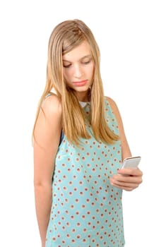 teenage girl standing with a phone in his hand on the white background