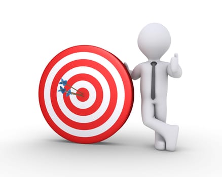 3d businessman standing next to a target with three arrows at the center