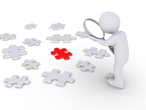 Person holding a magnifier is looking at many puzzle pieces but one is different
