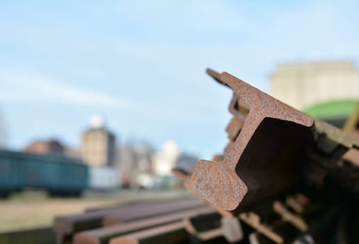 rusted railway tracks on a storage site in the port of Magdeburg