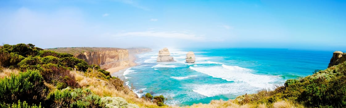 The Twelve Apostles, a famous collection of limestone stacks off the shore of the Port Campbell National Park, by the Great Ocean Road in Victoria, Australia