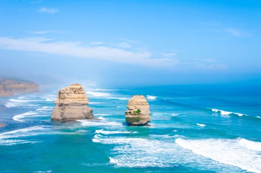 The Twelve Apostles, a famous collection of limestone stacks off the shore of the Port Campbell National Park, by the Great Ocean Road in Victoria, Australia
