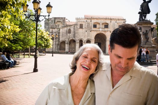Close-up of a senior woman with her son smiling, Santo Domingo, Dominican Republic