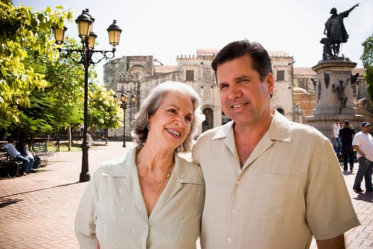 Close-up of a mature man and his mother looking at him and smiling, Santo Domingo, Dominican Republic