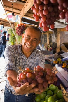 Portrait of a mature man holding a bunch of red grapes, Santo Domingo, Dominican Republic