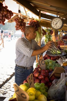 Side profile of a fruit seller weighing fruit, Santo Domingo, Dominican Republic