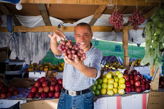 Portrait of a mature man holding a bunch of red grapes, Santo Domingo, Dominican Republic
