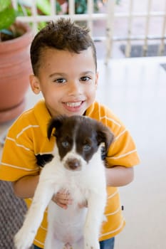 Portrait of a boy holding a puppy