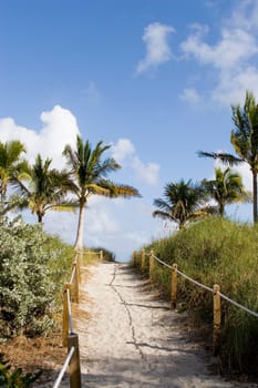 Railing on both sides of a path, South Beach, Miami, Florida, USA