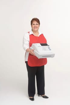 Cashier holding cash register