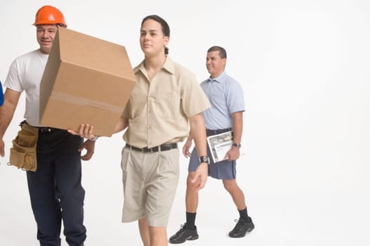 Postal worker, delivery man and construction worker walking