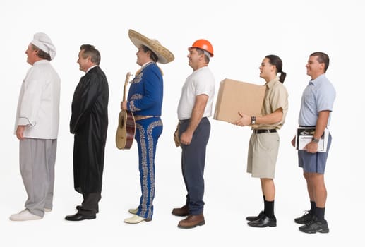 Postal worker, chef, delivery man, mariachi, ground controller and construction worker standing in line