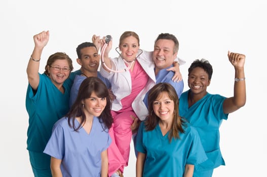 Group portrait of nurses carrying doctor
