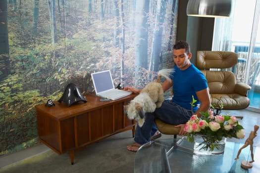 Young man and a dog in front of a laptop