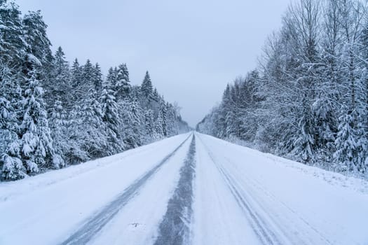 Road covered winter snow in the forest
