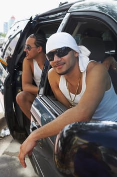 Close-up of tourists in a car