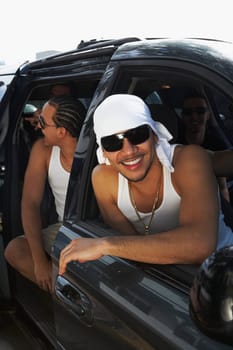 Close-up of tourists in a car
