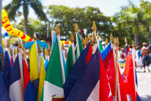 Close-up of Latin American flags