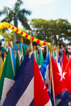 Close-up of Latin American flags